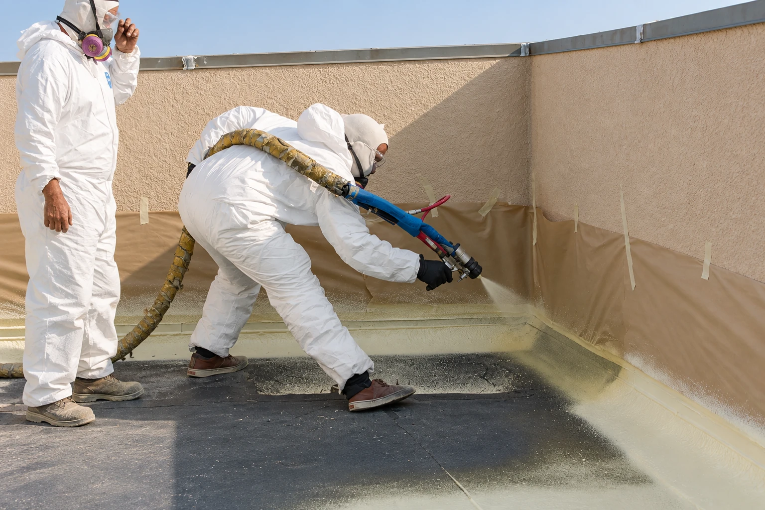 Two workers in protective suits spray foam along the base of an exterior wall.