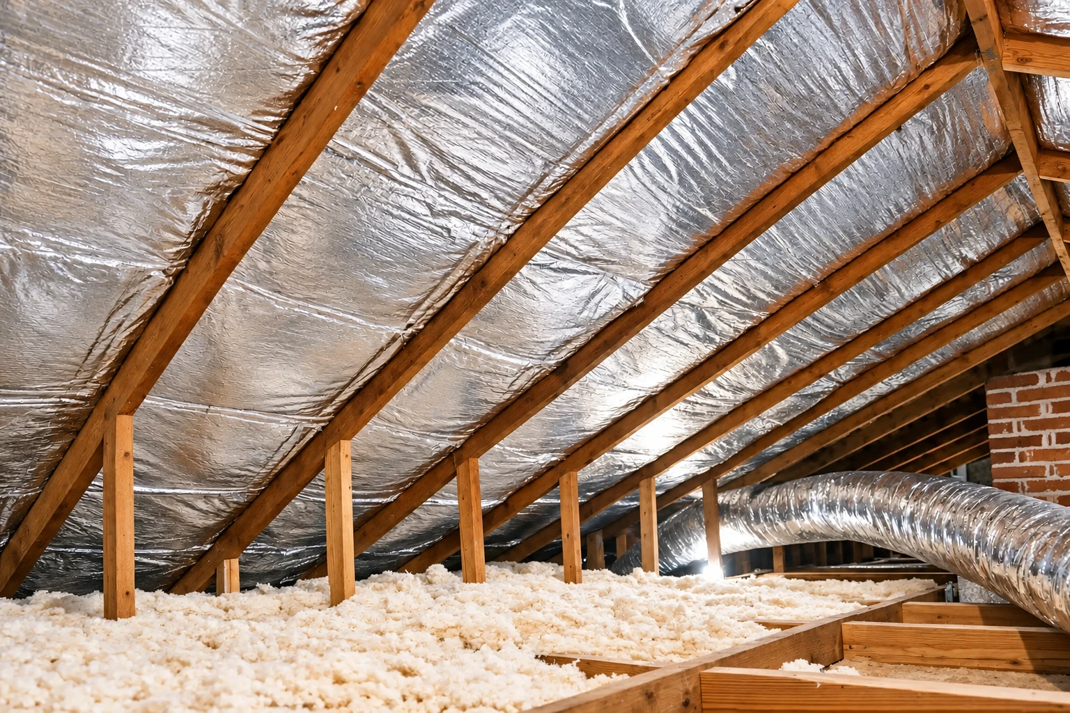 Reflective foil insulation covers the sloped attic rafters above loose-fill insulation on the floor.