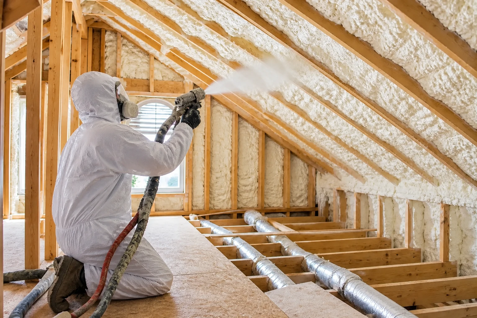 A worker in protective gear sprays foam along the rafters of a wood-framed attic.
