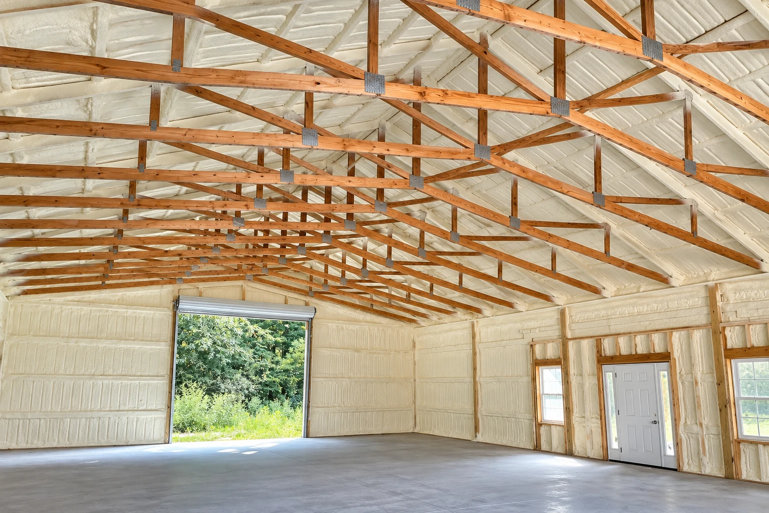 An unfinished garage has white foam insulation covering its roof and walls between exposed wooden trusses.