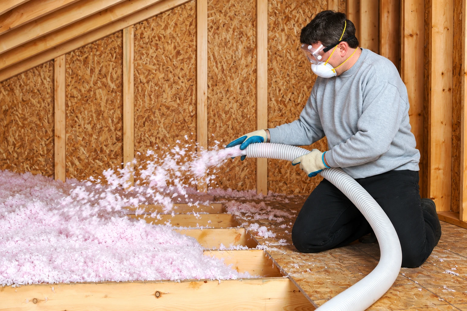 A worker in safety goggles and a respirator blows pink insulation through a hose across an unfinished attic floor.