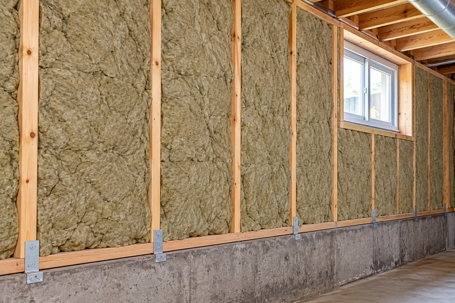 Basement wall framed with lumber and filled with gray insulation above a concrete foundation.