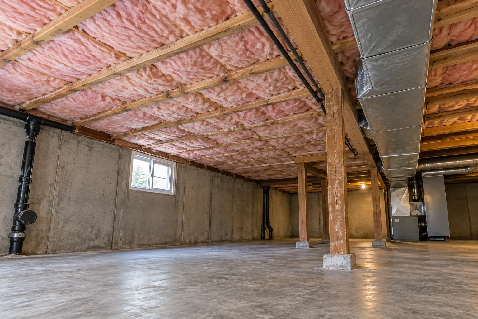Pink fiberglass batts fill the ceiling joists of a concrete basement, beside exposed ducts and support posts.