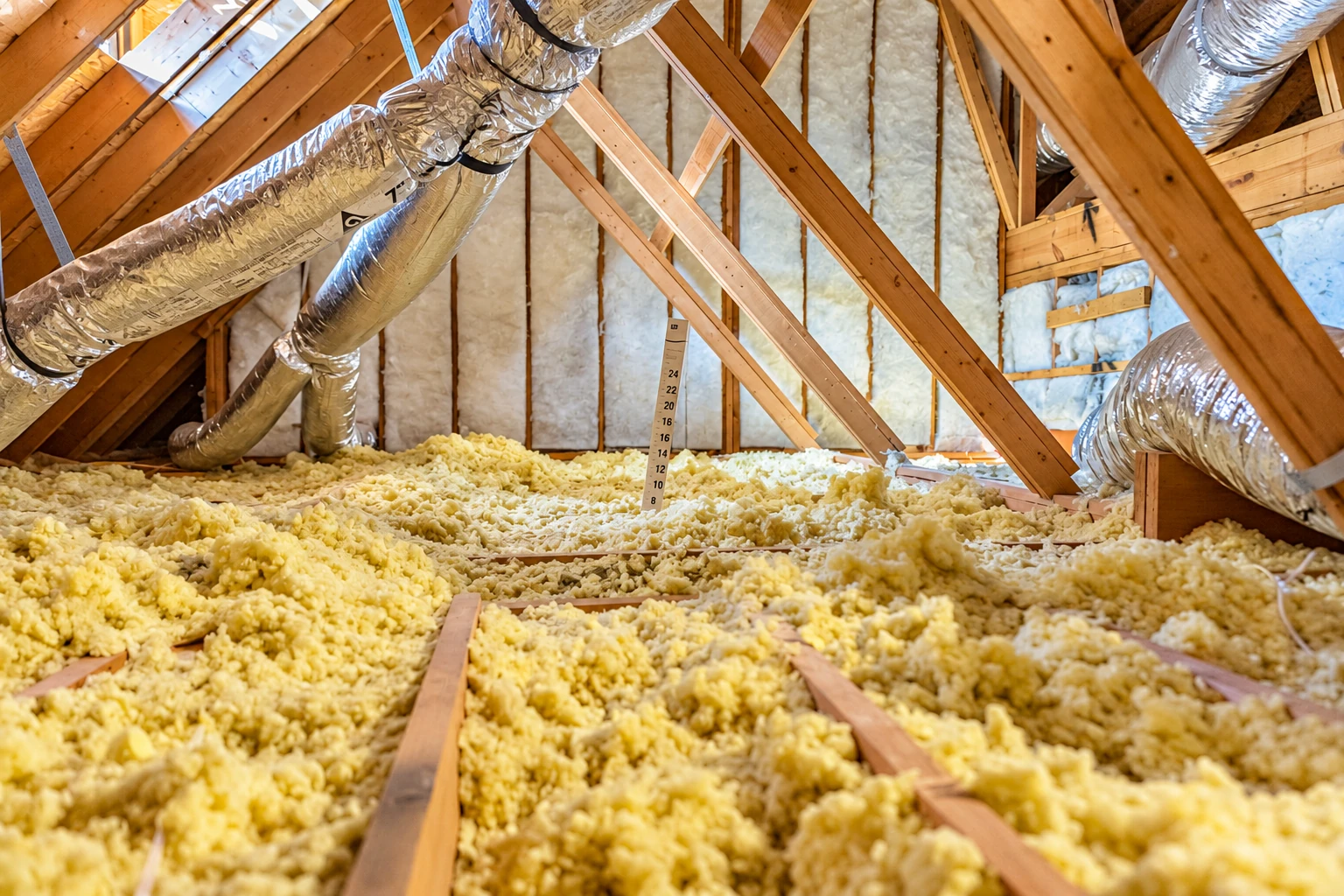 Loose yellow insulation covers an attic floor beneath wooden rafters, with silver ducts and a depth ruler visible.