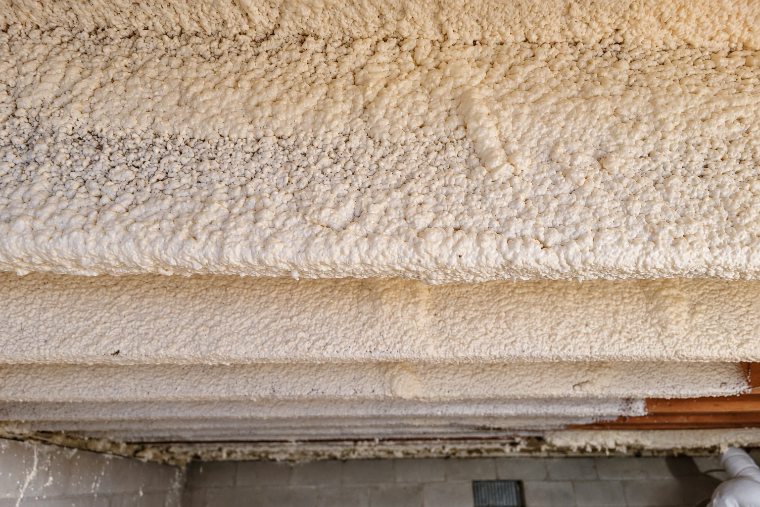 Close-up of thick, textured white closed-cell foam insulation covering the underside of floor joists.