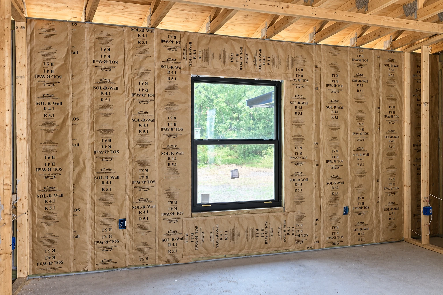 Brown insulation batts cover the walls of an unfinished room around a central window.
