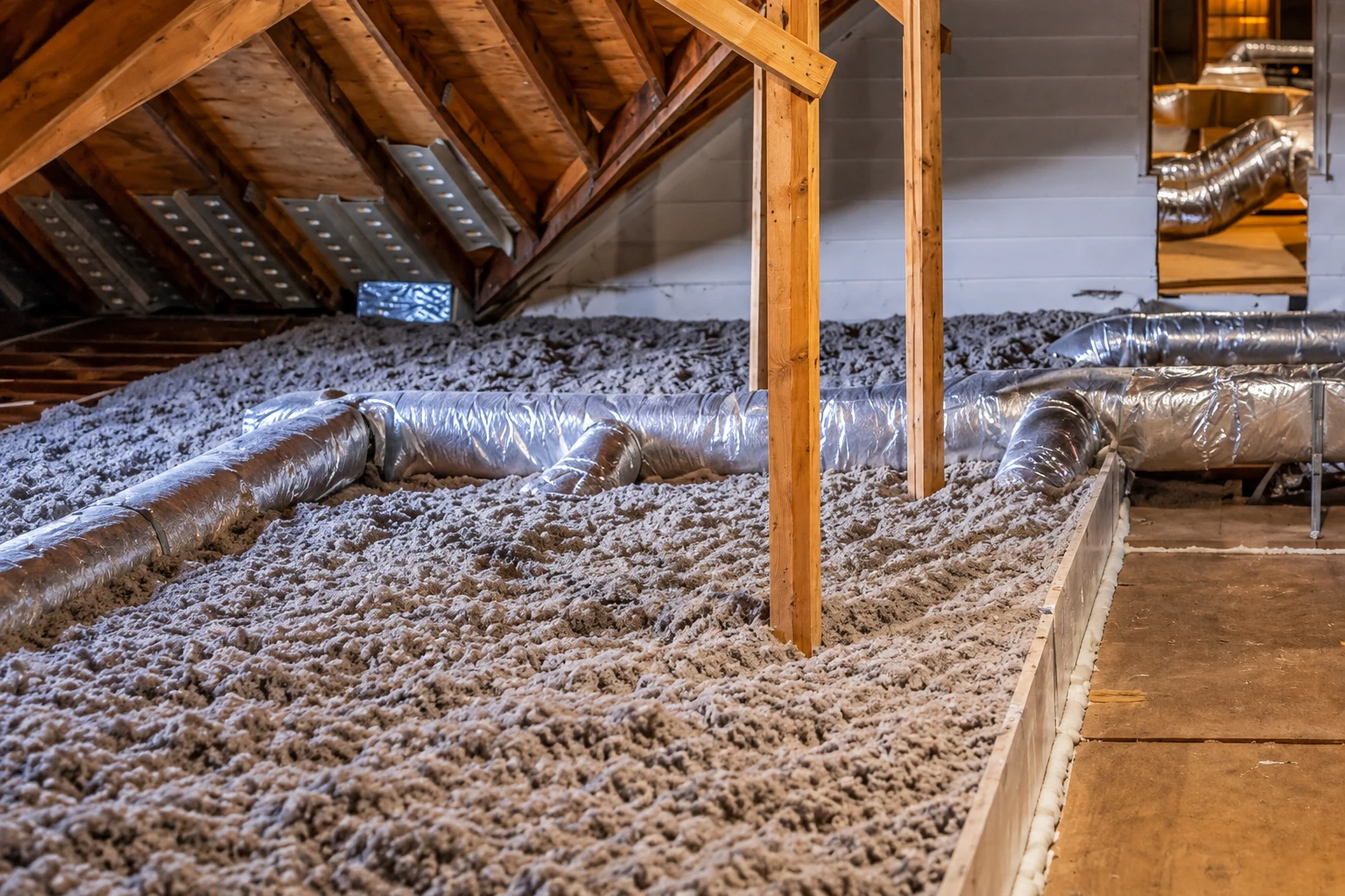 Loose-fill insulation covers an attic floor beneath wooden roof framing and silver ventilation ducts.