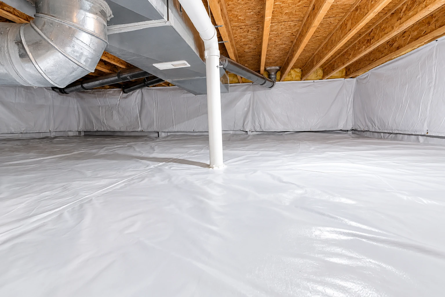 Crawl space with white plastic sheeting across the floor and walls, exposed floor joists, and large ventilation ducts.