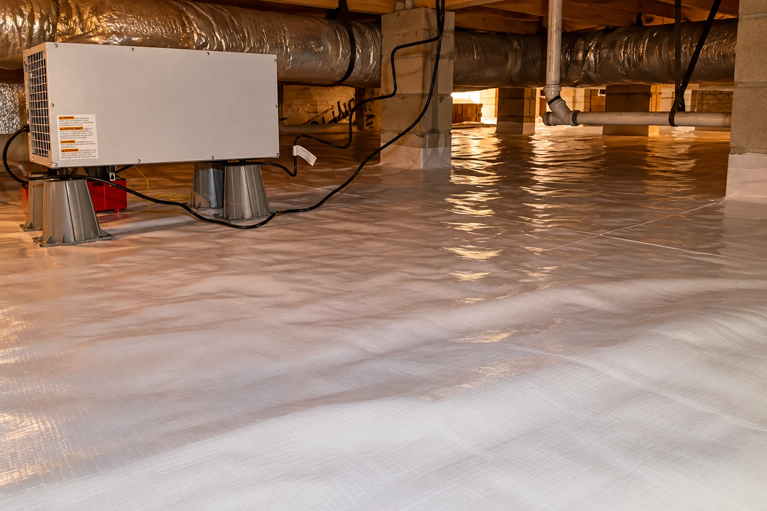 Crawl space with a reflective vapor barrier covering the floor beneath ductwork and support piers.