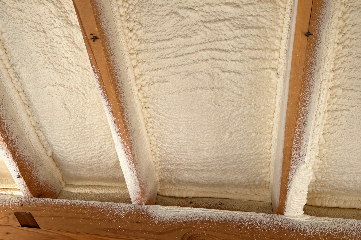 White spray foam insulation coats the underside of a roof between exposed wooden rafters.