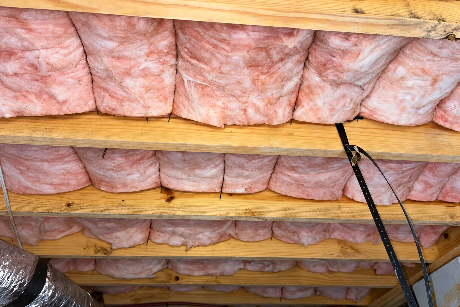 Pink fiberglass batts fill the wooden rafters of an attic, with metal straps and ductwork visible.