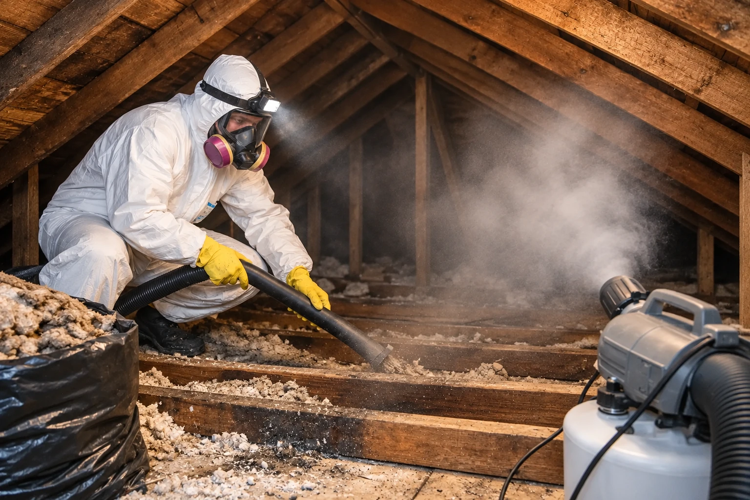 A worker in protective gear vacuums old attic insulation with a hose as dust rises around the equipment.