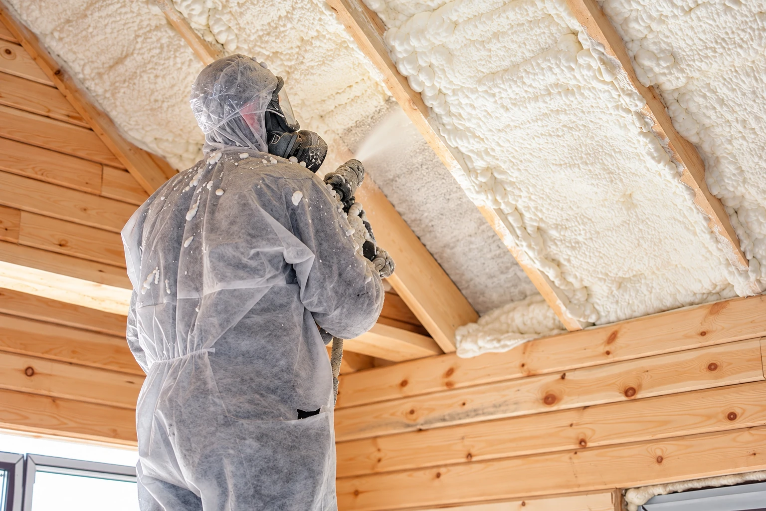 A worker in protective coveralls sprays white foam insulation onto the underside of a wooden roof.