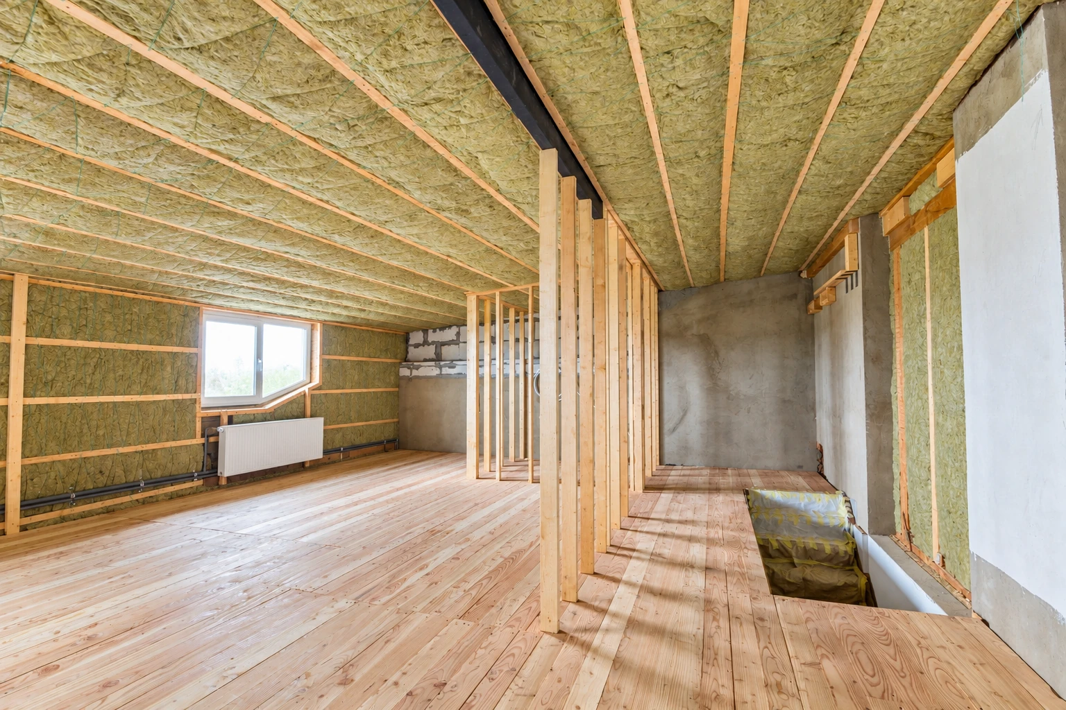 Unfinished room with green batt insulation between ceiling and wall framing, exposed wood floor, and a window above a radiator.