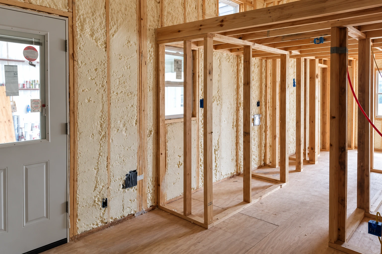 Spray foam insulation fills the wall cavities of an unfinished wood-framed room beside a white door.